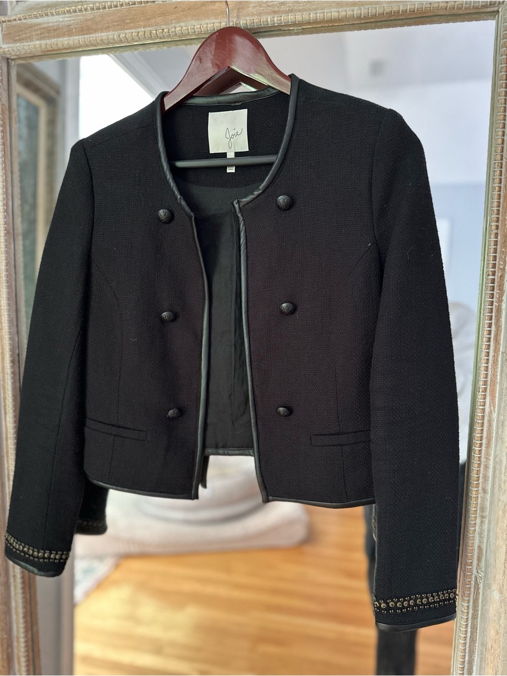 Joie Black Cropped Double-Breasted Jacket with Trim